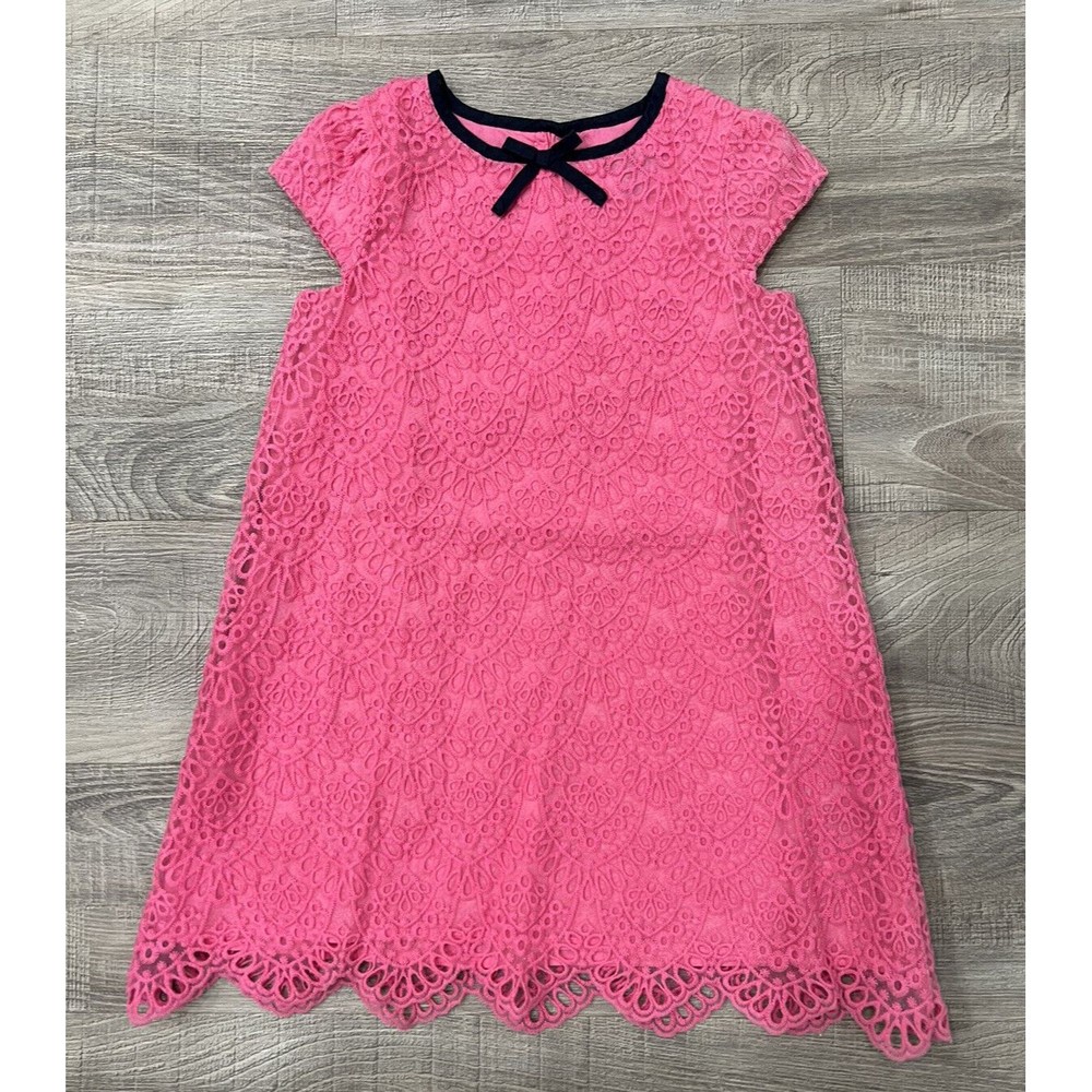 Gap Kids Hot Pink Girls Dress sz 4T Cap Sleeve Embroidered Overlay Black Bow